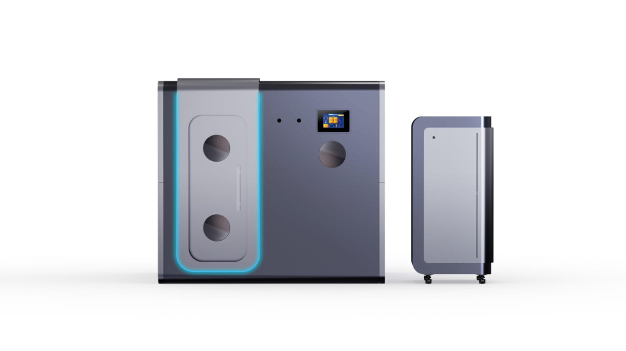 Atmos Duo two-person chamber in charcoal with twin portholes and its concentrator