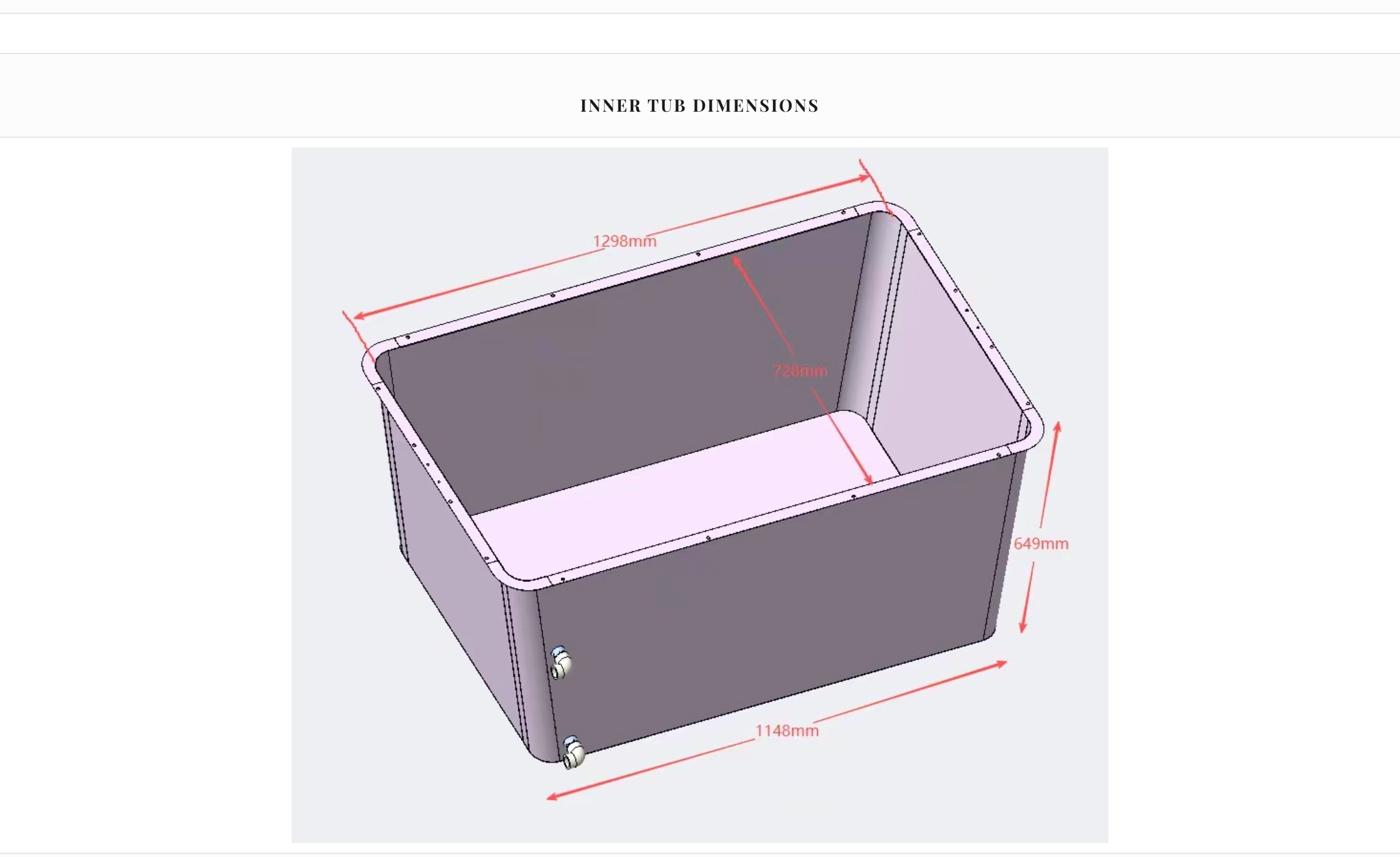Dimensioned drawing of the inner stainless steel tub basin
